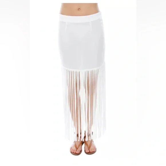 MONROW ShopBop white crepe fringe midi maxi boho beach festival skirt M - Picture 1 of 5